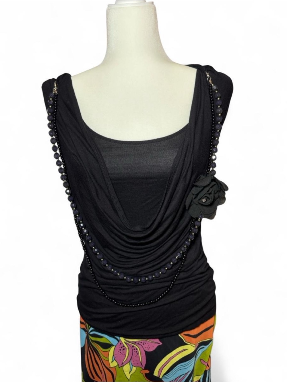 Y2K Wet Seal Draped Black Sleeveless Going Out Top with Bead Trim and Flower